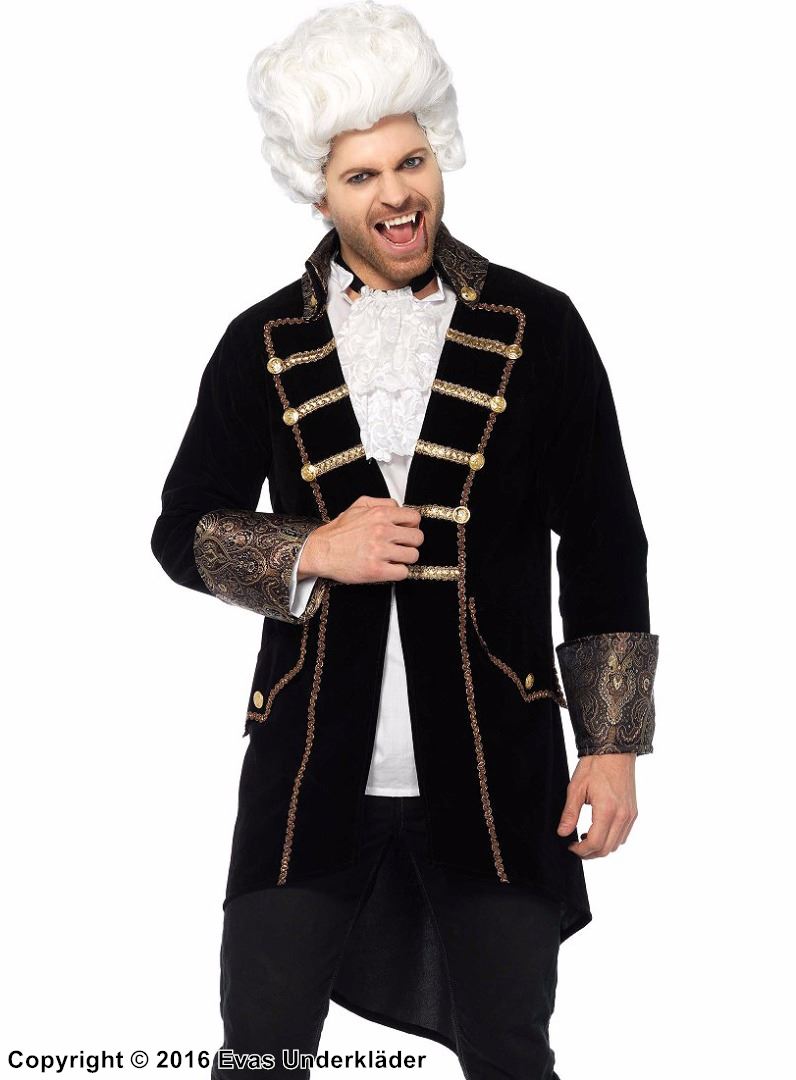 Renaissance vampire, coat costume, brocade, buttons, velvet